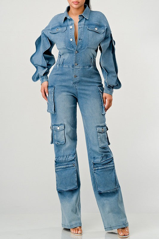 ATHINA FAMOUSE DENIM CARGO RUFFLE SLEEVE JUMPSUIT