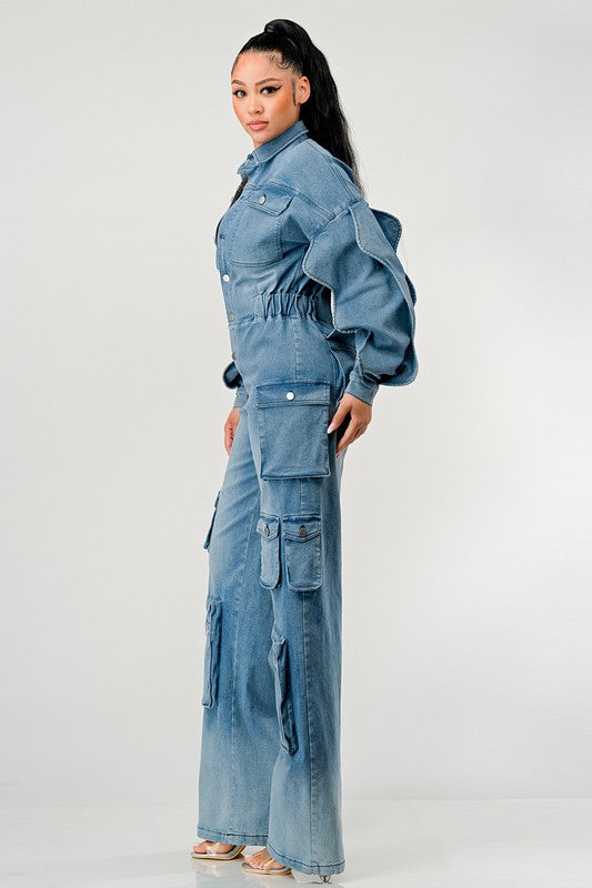 ATHINA FAMOUSE DENIM CARGO RUFFLE SLEEVE JUMPSUIT