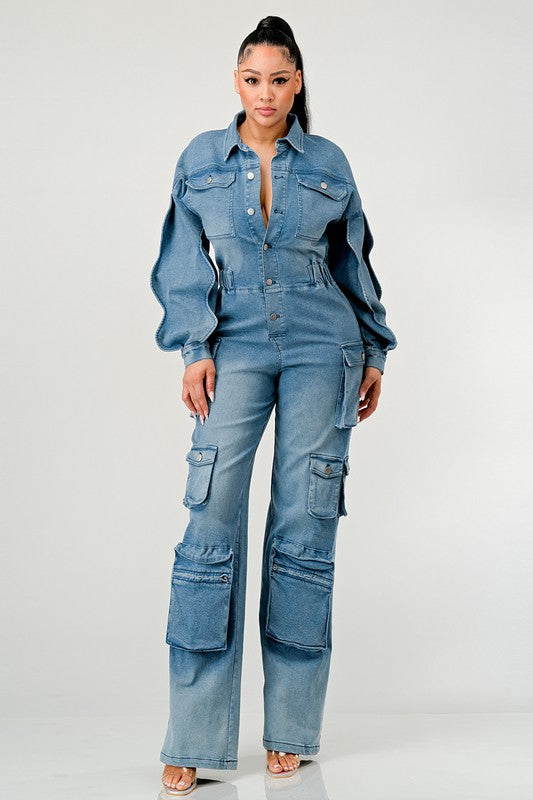 ATHINA FAMOUSE DENIM CARGO RUFFLE SLEEVE JUMPSUIT