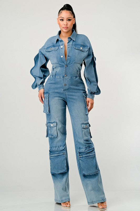 ATHINA FAMOUSE DENIM CARGO RUFFLE SLEEVE JUMPSUIT