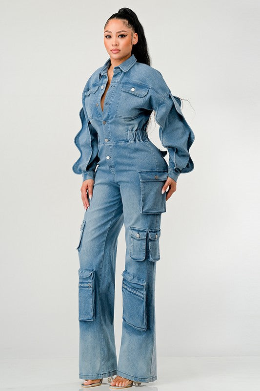 ATHINA FAMOUSE DENIM CARGO RUFFLE SLEEVE JUMPSUIT