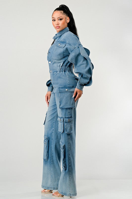 ATHINA FAMOUSE DENIM CARGO RUFFLE SLEEVE JUMPSUIT