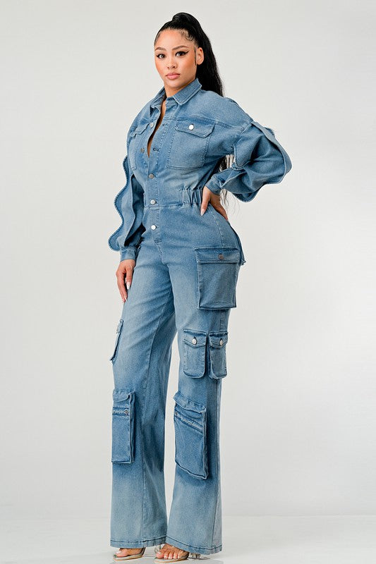 ATHINA FAMOUSE DENIM CARGO RUFFLE SLEEVE JUMPSUIT