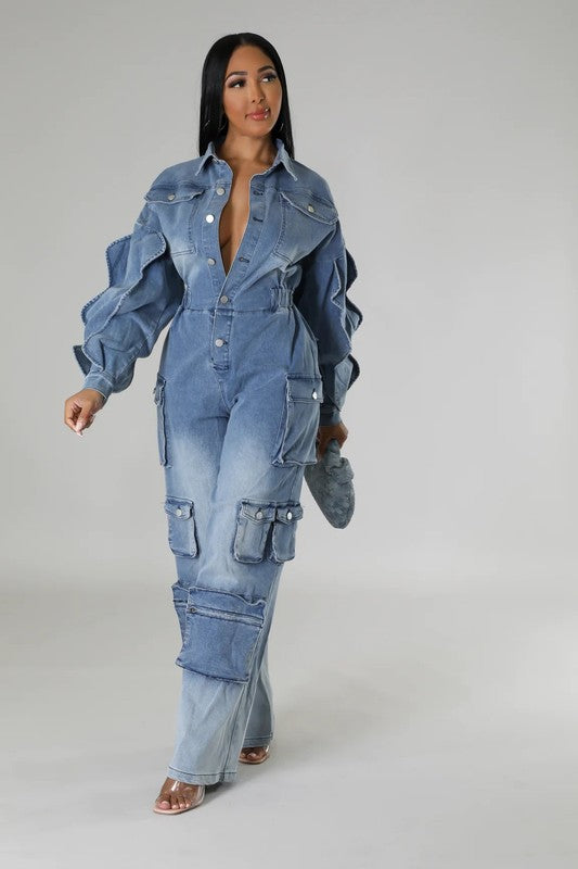 ATHINA FAMOUSE DENIM CARGO RUFFLE SLEEVE JUMPSUIT