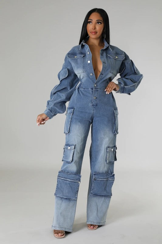 ATHINA FAMOUSE DENIM CARGO RUFFLE SLEEVE JUMPSUIT